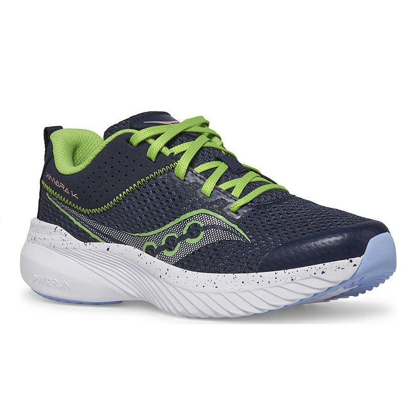 Allen's Bootery Big Kids' Kinvara 14 running shoe in navy mesh with lime green laces and white speckled midsole