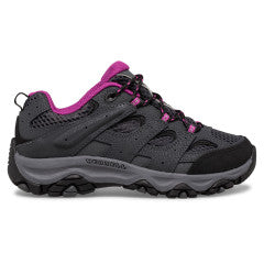 Allen's Bootery kids Moab 3 low hiking shoe in granite grey and berry with leather and mesh upper and rubber toe cap
