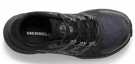Top view of Allen's Bootery Little Kid's Moab Flight black breathable textile trail running shoe with lace-up closure.