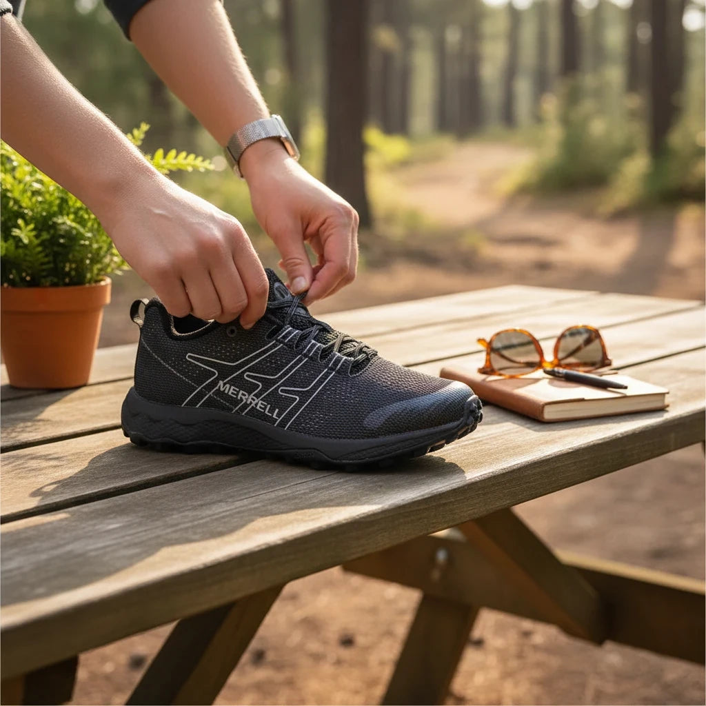 Allen's Bootery kids Moab Flight black trail running shoe with breathable textile upper on a wooden outdoor table.