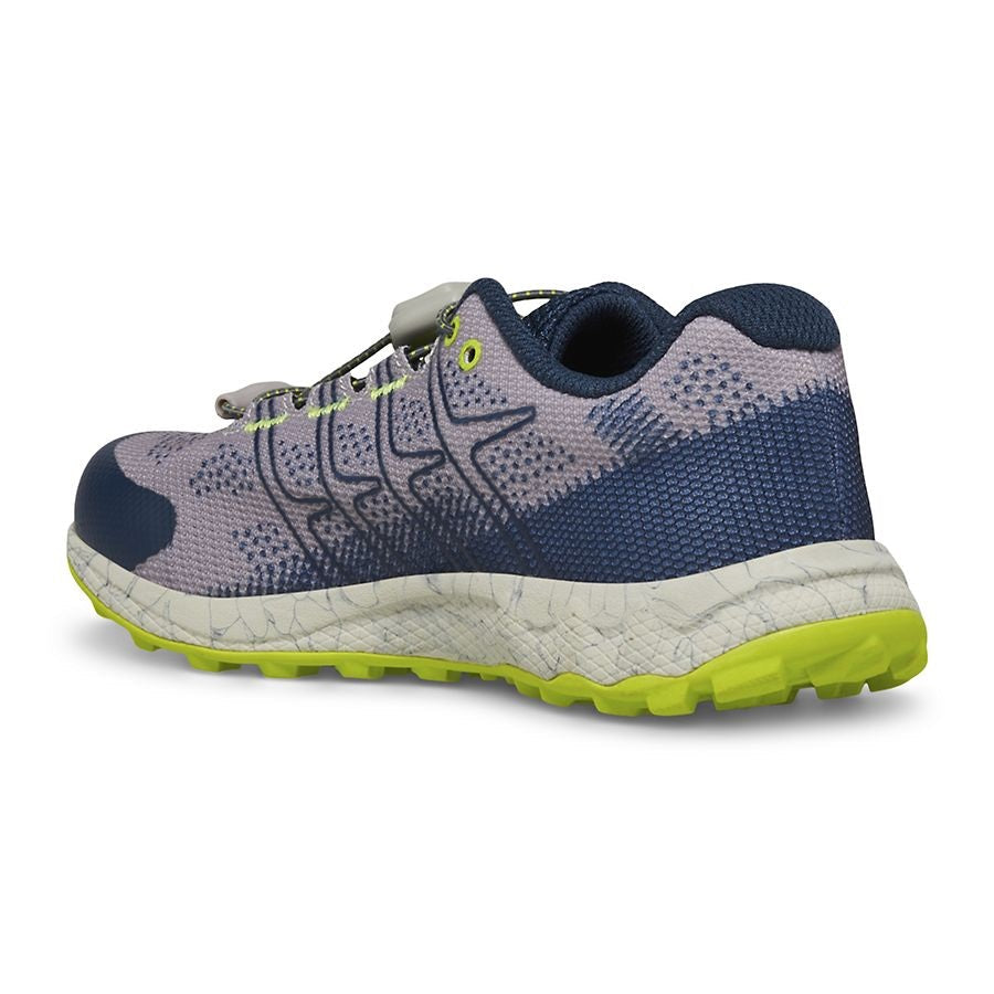 Allen's Bootery kids Moab Flight trail shoe in grey, navy, and citron with a toggle closure and speckled EVA midsole.
