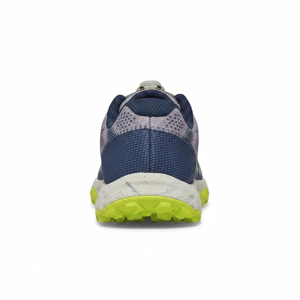 Allen's Bootery kids Moab Flight trail shoe in grey, navy, and citron with a bright green Quantum Grip outsole