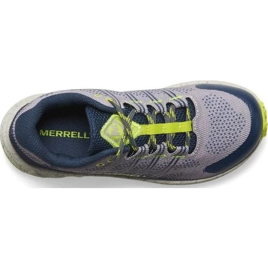 Allen's Bootery kids Merrell Moab Flight trail shoe in grey, navy, and citron with a toggle closure top view.