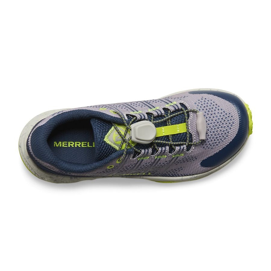 Allen's Bootery kids Merrell Moab Flight trail shoe in grey, navy, and citron with toggle closure and breathable mesh