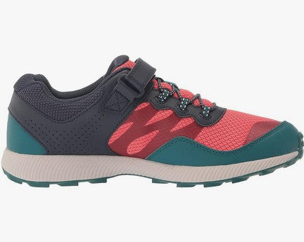 Allen's Bootery kids navy and coral trail running shoe with breathable mesh, hook and loop closure, and grip outsole.