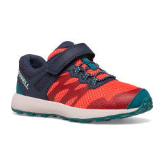Allen's Bootery kids trail running shoe in navy and coral with hook and loop closure and reinforced toe cap.