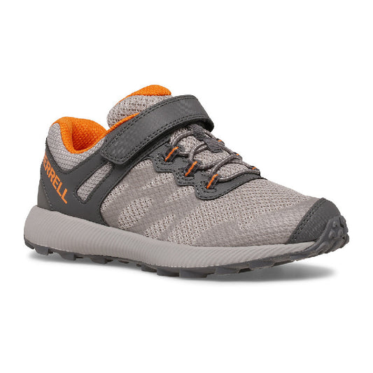 Allen's Bootery Little Kid's Nova 2 grey and orange trail running shoe with hook-and-loop strap and rubber sole.