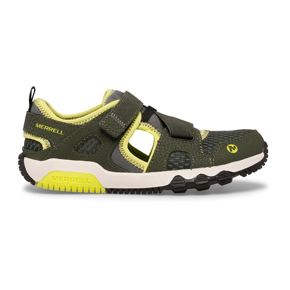 Allen's Bootery kids olive and lime water-friendly Hydro Free Roam sandals with flexible outsole and cross strap
