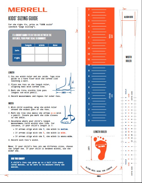 Allen's Bootery printable kids' shoe sizing guide with length and width rulers for accurate foot measurement