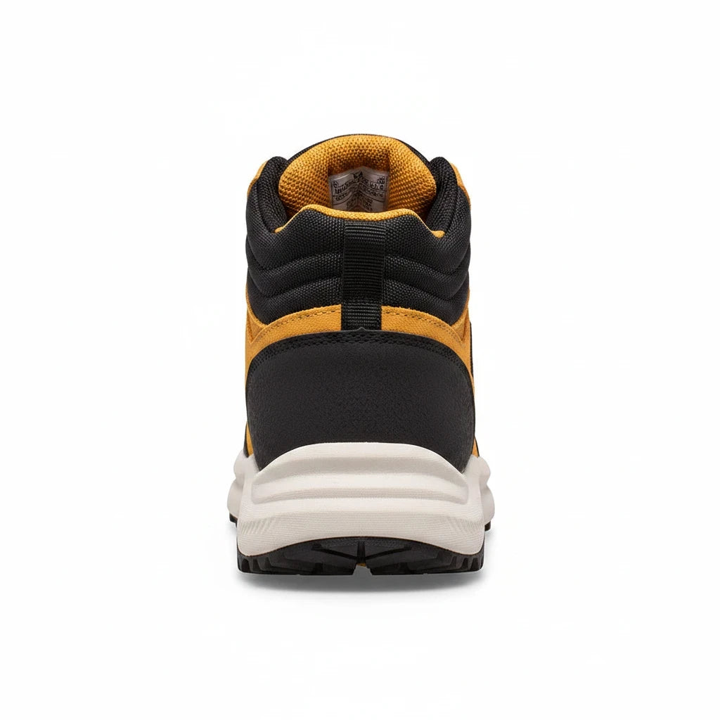 Allen's Bootery little kid's Greylock waterproof leather boot in wheat and black, rear view showing rubber outsole