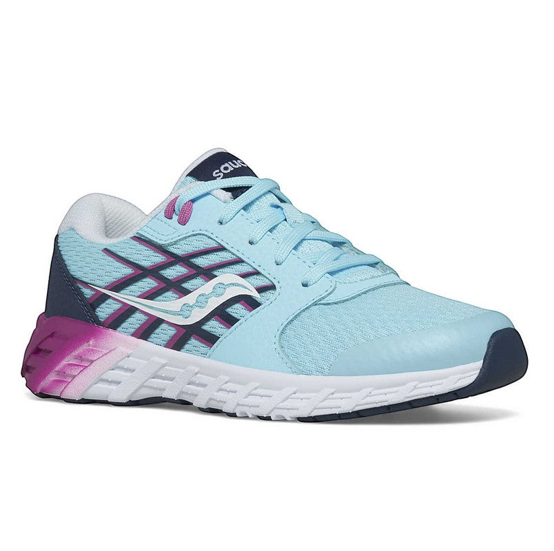 Allen's Bootery Little Kid's Wind 2.0 sneaker in light blue and pink with mesh, leather, and lace-up closure.