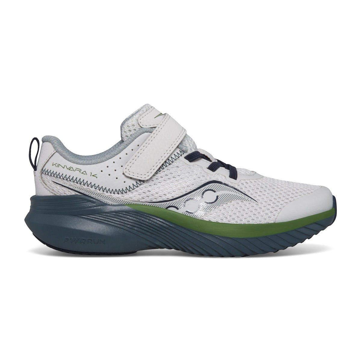 Allen's Bootery Little Kid's Kinvara 14 grey, blue, and green lightweight mesh running shoe with hook and loop closure.