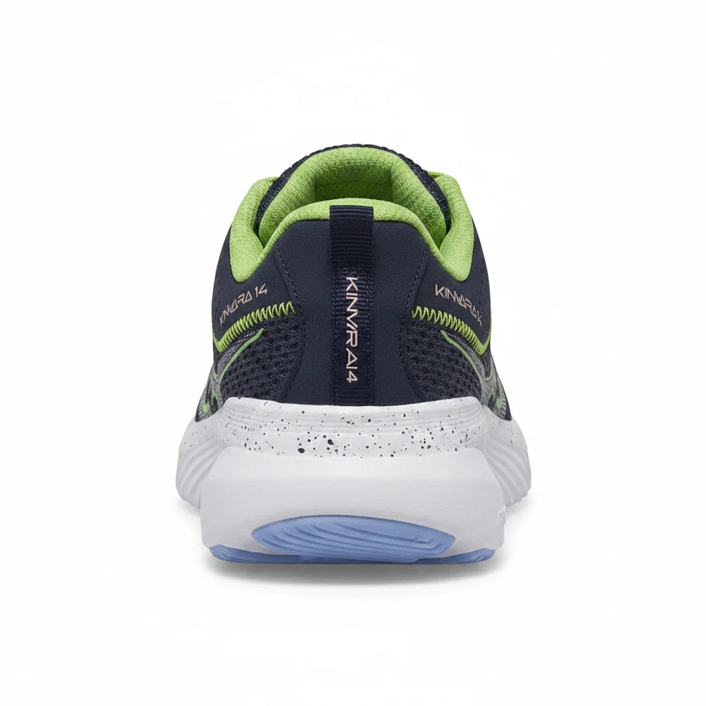 Rear view of Allen's Bootery Big Kids' Kinvara 14 running shoe in navy and green with a white speckled midsole.
