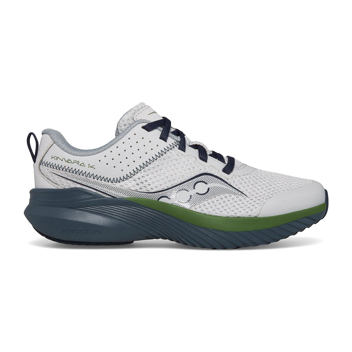 Allen's Bootery Big Kid's Kinvara 14 performance running shoe in grey, blue, and green with a breathable mesh upper.