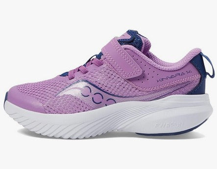 Allen's Bootery Saucony Kinvara 14 A/C kids' running shoe in grape and indigo mesh with hook and loop closure
