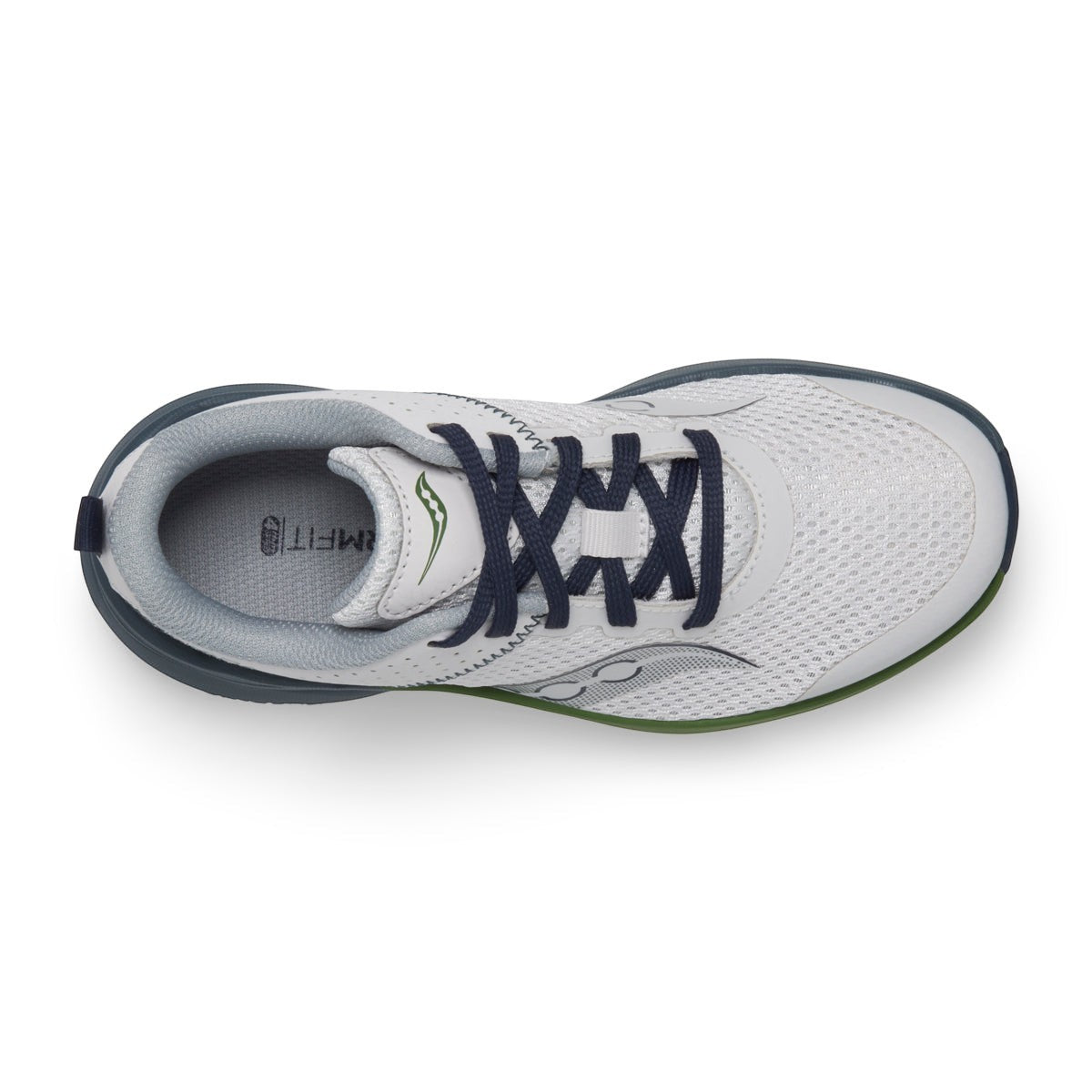 Allen's Bootery Kinvara 14 kids' performance running shoe in grey, blue, and green with a breathable mesh upper.