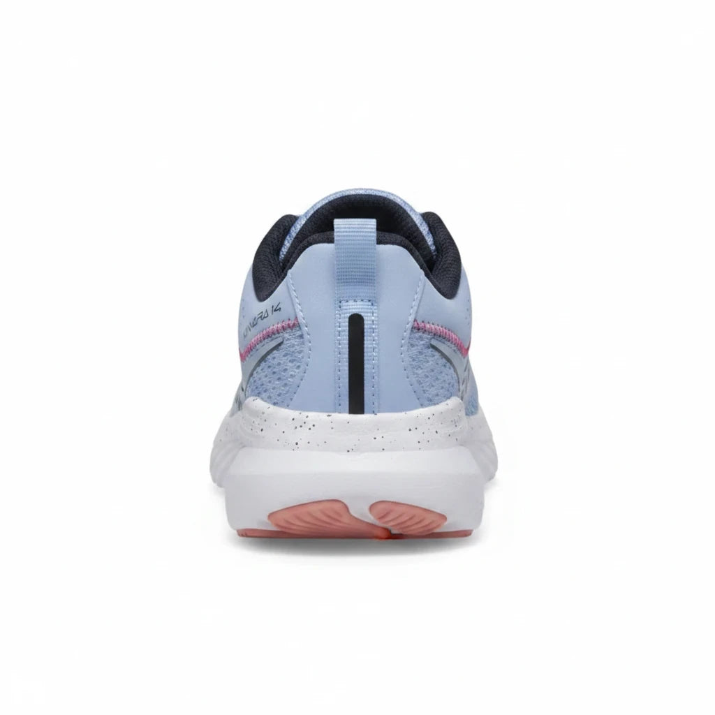 Rear view of Allen's Bootery light blue Kinvara 14 kids' running shoe with white speckled sole and pink accents.
