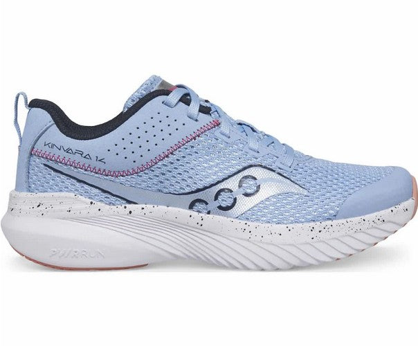 Allen's Bootery light blue Kinvara 14 kids' performance running shoe with breathable mesh and speckled white sole