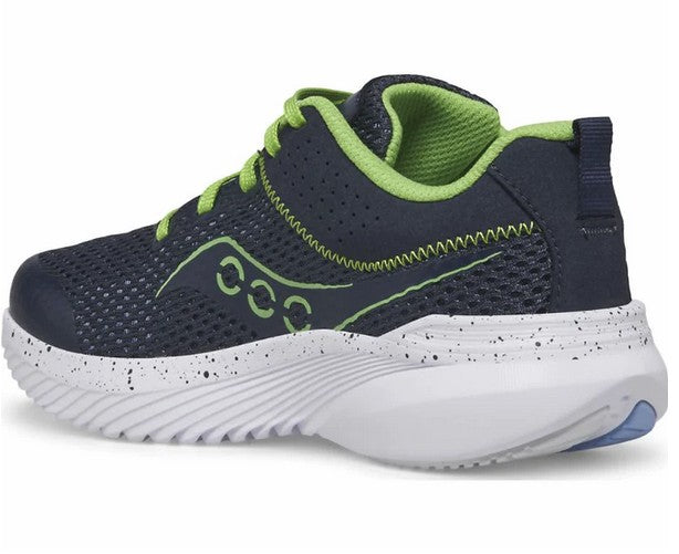 Allen's Bootery Big Kids' Kinvara 14 LTT navy and green mesh running shoe with white speckled cushioned sole