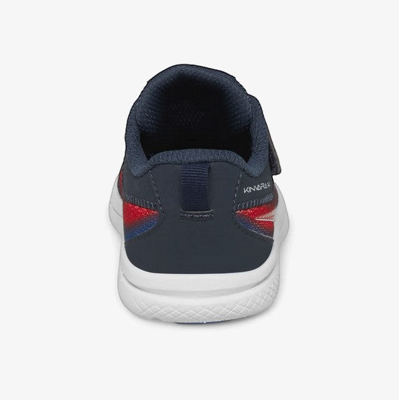 Allen's Bootery Kinvara 14 A/C kids running shoe in navy and red with a white sole, rear view.