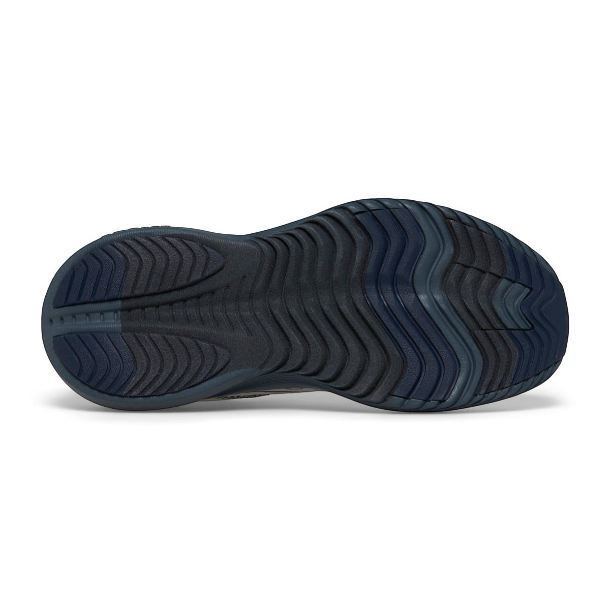 Allen's Bootery Kinvara 14 kids' running shoe showing the dark blue and black non-marking rubber traction outsole.