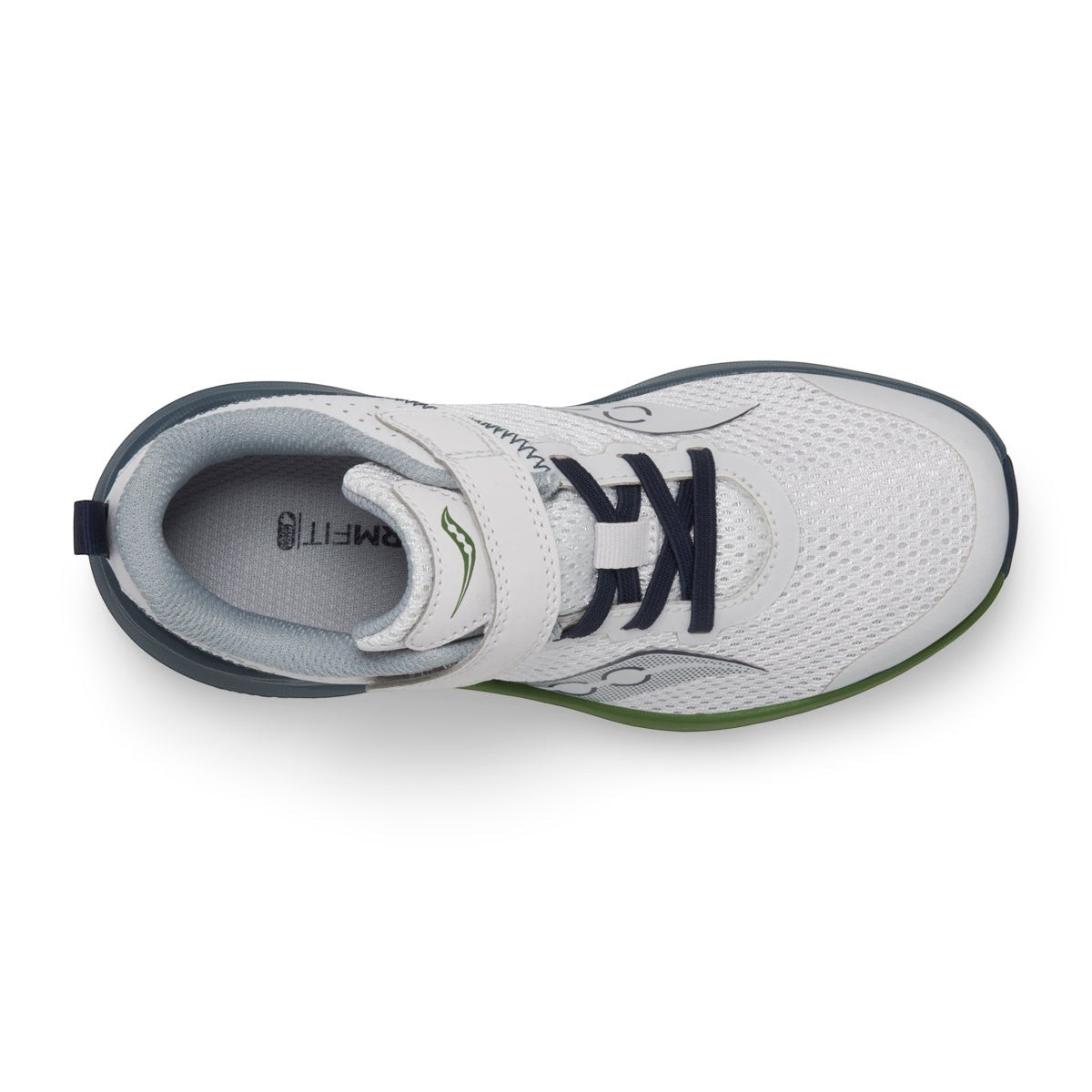 Allen's Bootery Little Kid's Kinvara 14 grey mesh running shoe with blue and green accents and hook-and-loop closure.