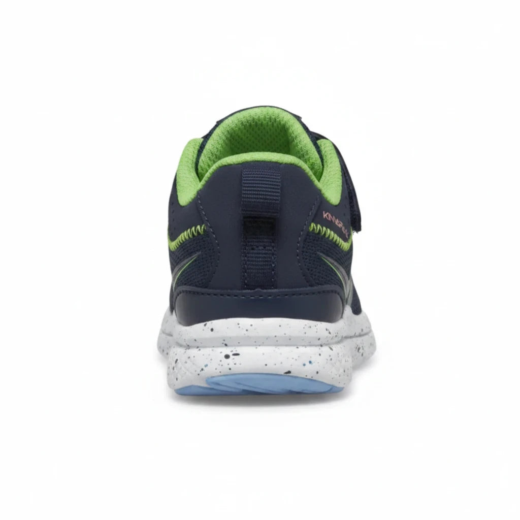 Allen's Bootery Kinvara 14 A/C Jr. kids' running shoe in navy and green with a speckled white midsole, rear view.