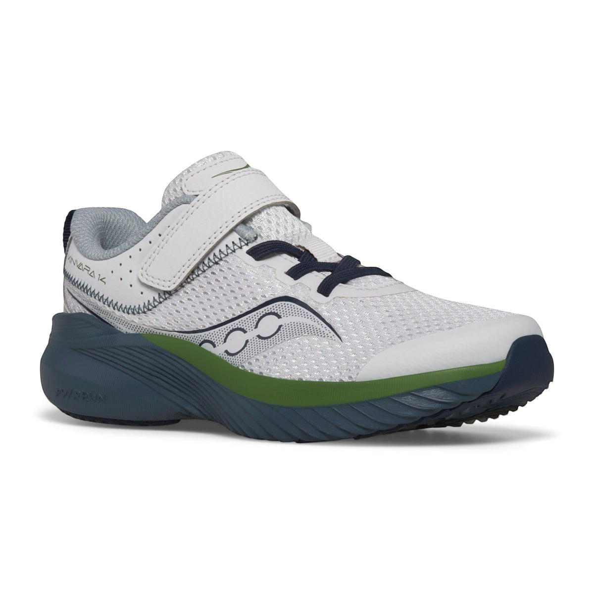 Allen's Bootery grey, blue, and green Kinvara 14 kids' running shoe with mesh upper and hook-and-loop closure.