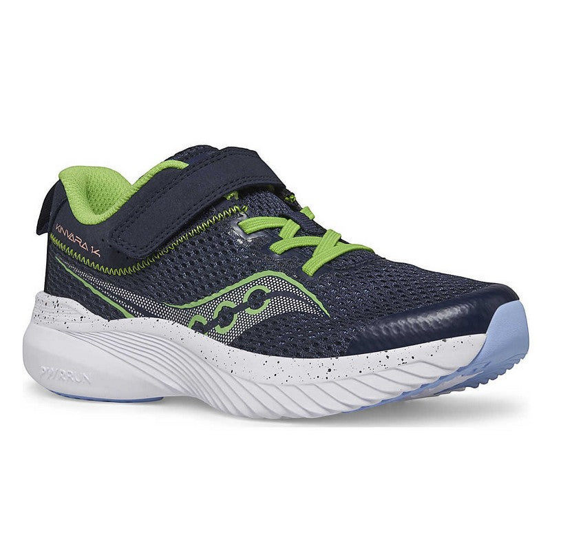 Allen's Bootery Kinvara 14 A/C kids' running shoe in navy and green with mesh upper and hook-and-loop closure.