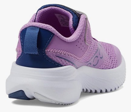Allen's Bootery Kinvara 14 kids running shoe in grape and indigo with breathable mesh and white EVA midsole, rear view