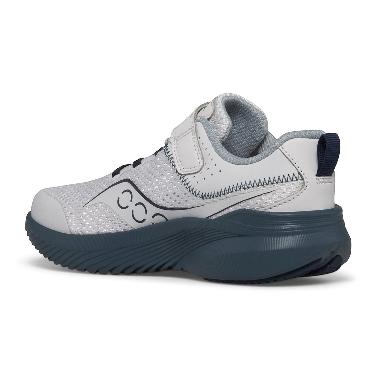 Allen's Bootery Kinvara 14 kids running shoe in grey and blue with breathable mesh and hook-and-loop closure.