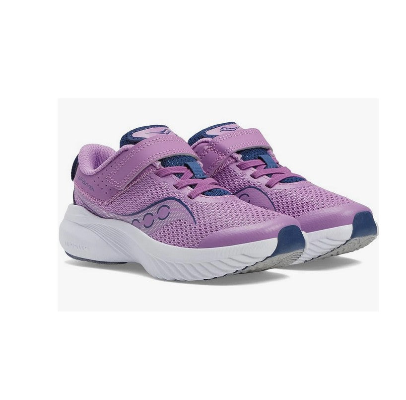 Allen's Bootery Kinvara 14 kids running shoe in grape and indigo mesh with hook and loop closure and white EVA midsole