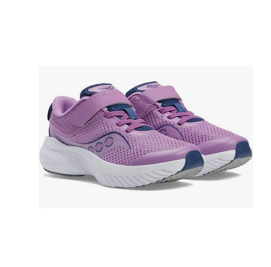Allen's Bootery Kinvara 14 kids running shoe in grape and indigo mesh with hook and loop closure and white EVA midsole