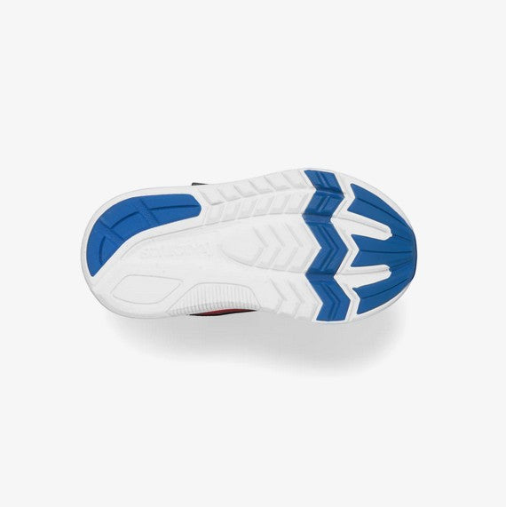 Allen's Bootery Kinvara 14 A/C kids running shoe showing the navy and red patterned rubber outsole tread