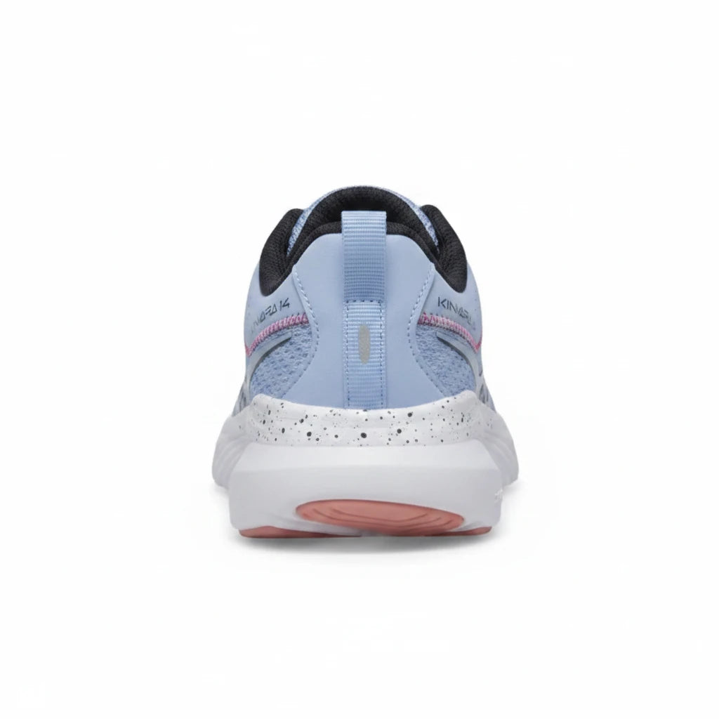 Allen's Bootery Big Kid's Kinvara 4 light blue running shoe, rear view showing speckled midsole and heel pull tab.