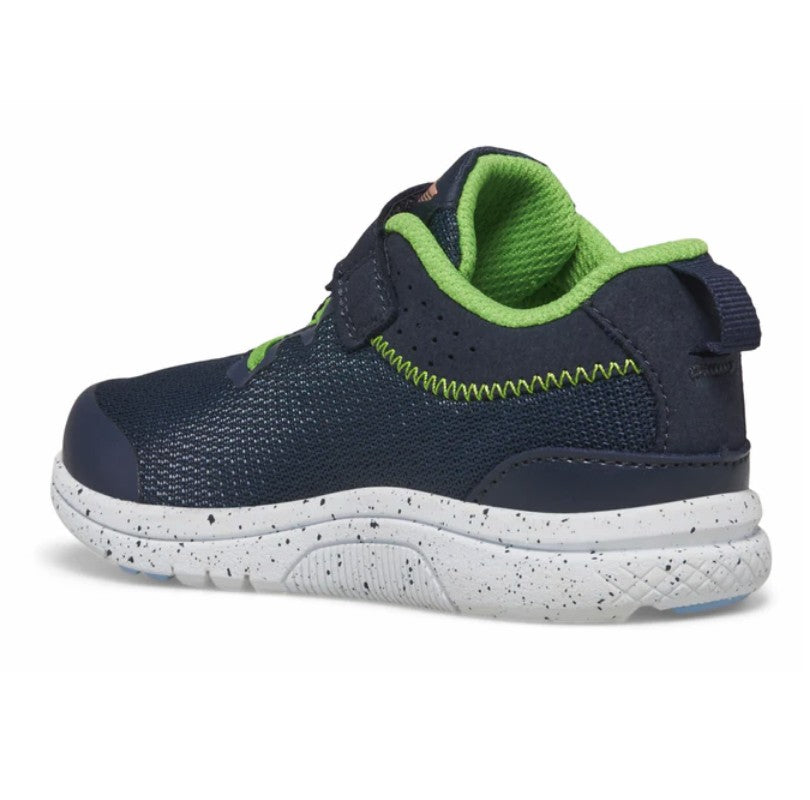 Allen's Bootery Kinvara 14 A/C kids' navy and green running shoe with a speckled white EVA midsole and mesh upper.