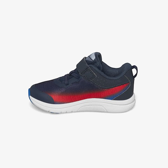 Allen's Bootery Kinvara 14 A/C kids running shoe in navy and red with a white sole and hook-and-loop strap.