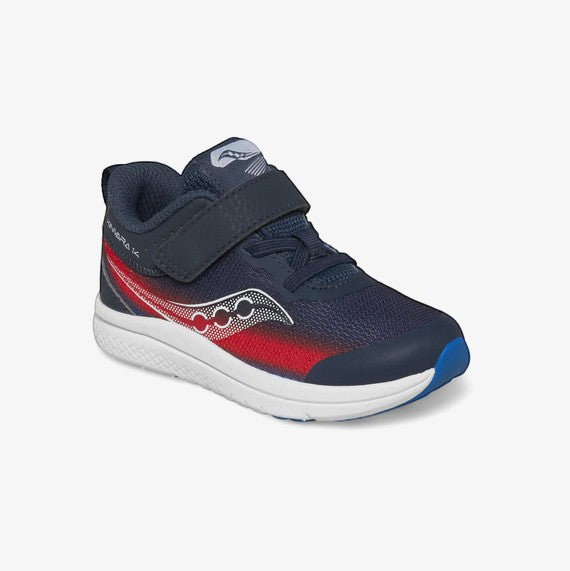 Allen's Bootery Kinvara 14 A/C kids running shoe in navy and red with a hook-and-loop strap and white midsole.