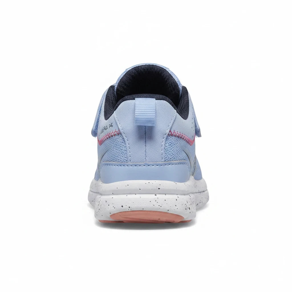 Allen's Bootery Kinvara 14 light blue toddler running shoe, back view showing mesh upper and speckled EVA midsole