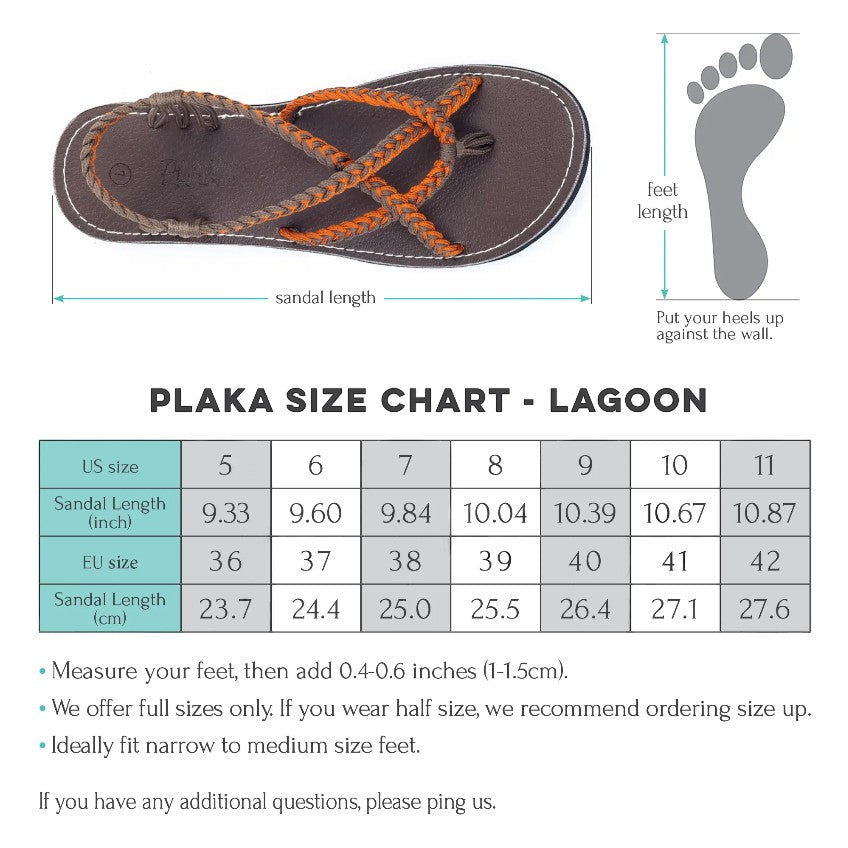 Allen's Bootery Lagoon taupe and orange hand-woven nylon flat sandals with size chart for women