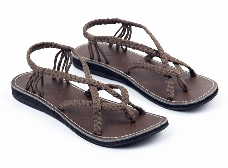 Allen's Bootery Lagoon taupe flat sandals with hand-woven nylon straps and durable rubber soles for summer comfort.