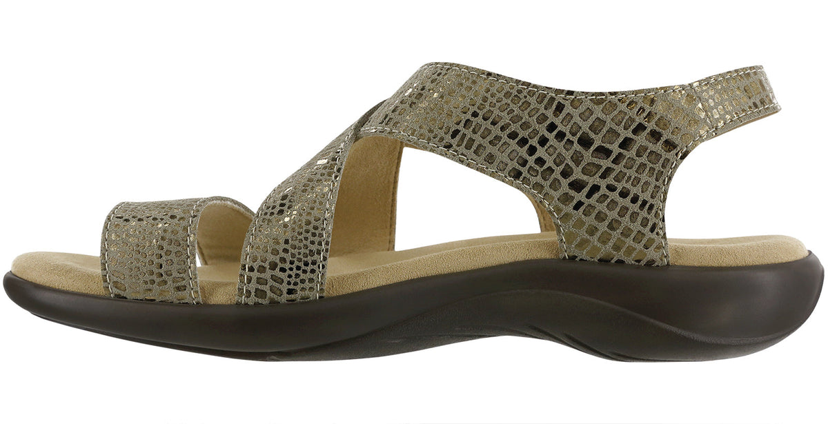 Allen's Bootery Laguna olive gold leather sandal with textured straps, contoured insole, and metallic buckle side view