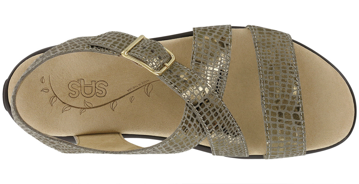 Allen's Bootery Laguna olive gold leather sandals with a metallic buckle and contoured padded insole, top view.