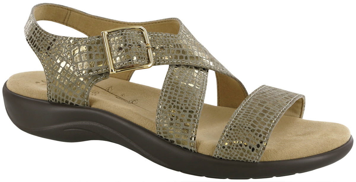 Allen's Bootery Laguna olive gold leather sandals with metallic buckle, contoured insole, and microfiber footbed.