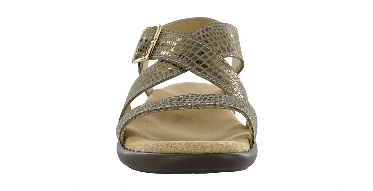 Allen's Bootery Laguna olive gold leather sandals with a metallic buckle and contoured padded insole
