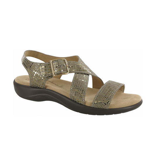Allen's Bootery Laguna olive gold leather sandals with metallic buckle, contoured insole, and microfiber sole