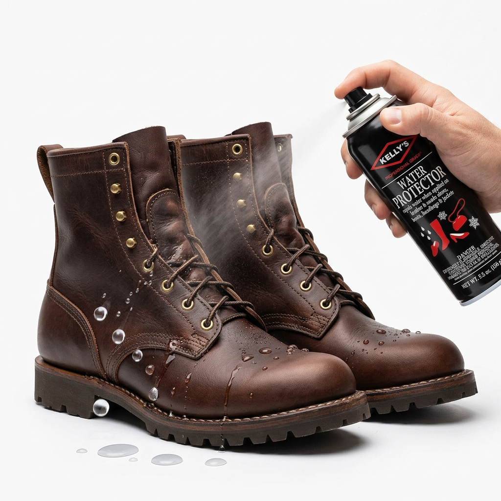 Allen's Bootery Kelly water and stain protector spray being applied to brown leather work boots to repel water.