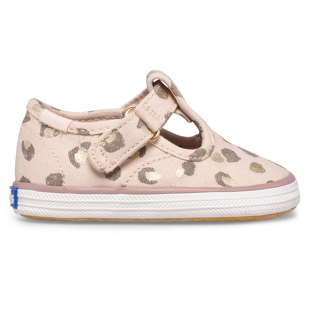 Allen's Bootery infant Champion leopard print T-strap sneaker with a pink textile upper and rubber toe cap.