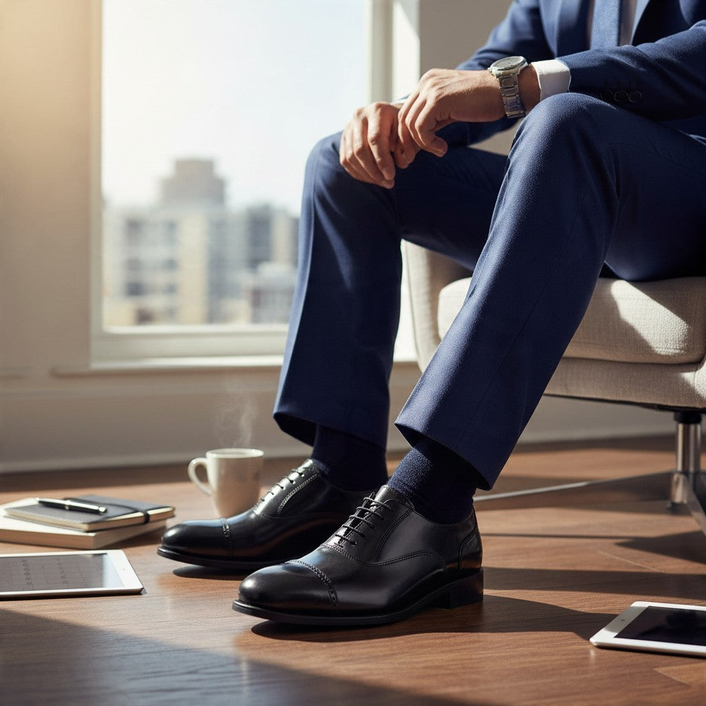 Allen's Bootery Lexington black leather cap toe oxford shoes worn by a man in a suit sitting in an office.