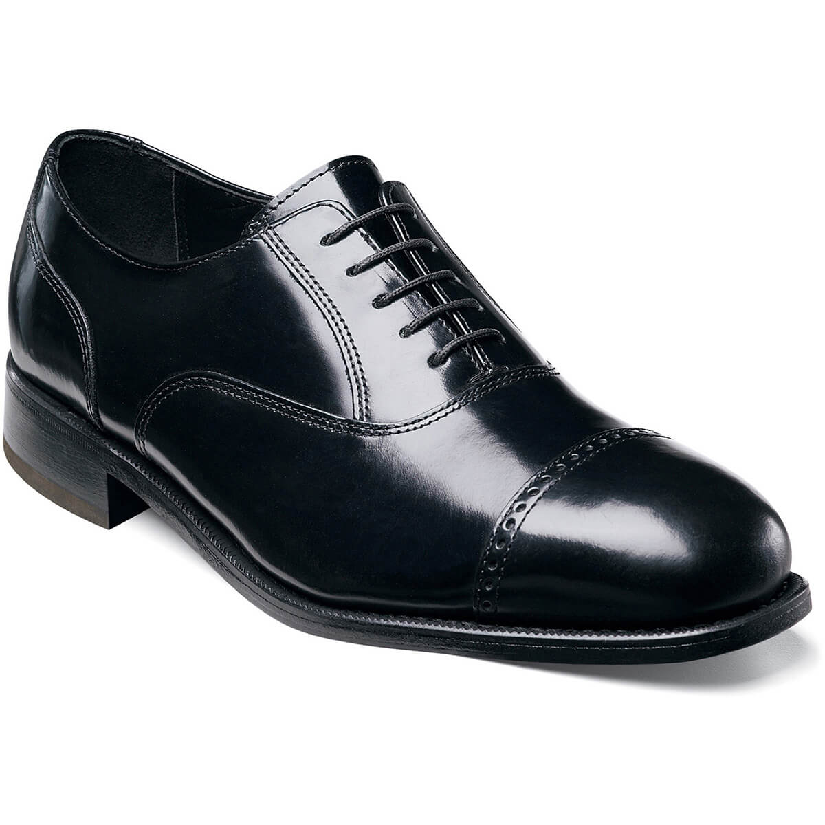 Allen's Bootery Lexington black leather cap toe oxford dress shoe with perforated toe detail and lace-up closure.